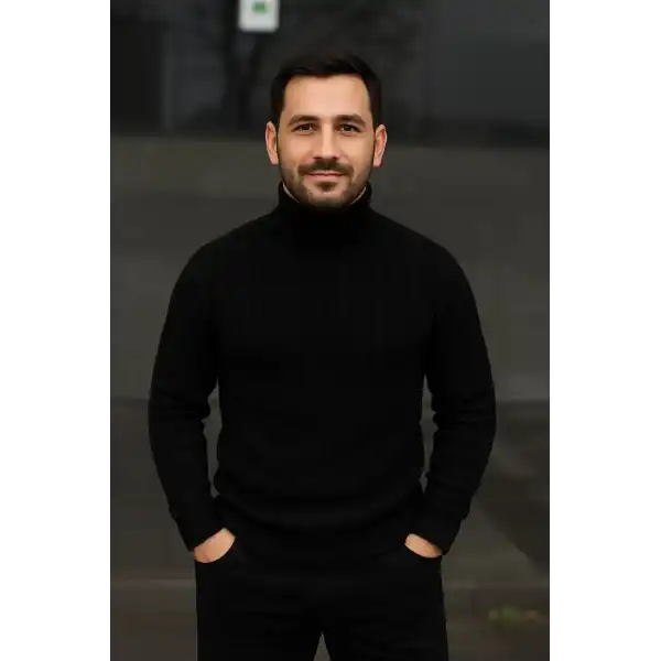 Erkek Fitilli Kazak Tam Boğazlı Balıkçı Yaka Triko 3lü Set  Bej-Haki-Siyah
