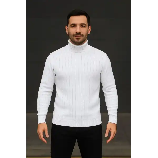Erkek Fitilli Kazak Tam Boğazlı Balıkçı Yaka Triko 3lü Set Beyaz-Bordo-Siyah