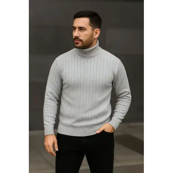 Erkek Fitilli Kazak Tam Boğazlı Balıkçı Yaka Triko 3lü Set Beyaz-Gri-Siyah