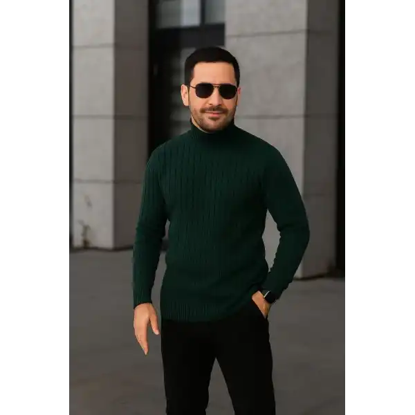 Erkek Fitilli Kazak Tam Boğazlı Balıkçı Yaka Triko 3lü Set  Gri-Haki-Siyah