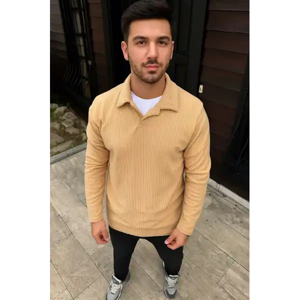 Erkek Fitilli Polar Sweatshirt Düğmesiz Yaka Oversize - Bej
