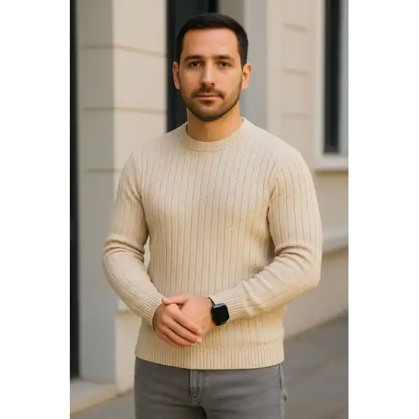 Erkek Fitilli Triko Bisiklet Yaka Kalın Kazak 4lü Set Beyaz-Bebek Mavisi-Gri-Siyah
