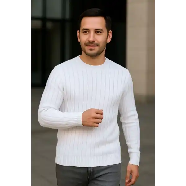 Erkek Fitilli Triko Bisiklet Yaka Kalın Kazak 4lü Set Beyaz-Haki-Bej-Siyah