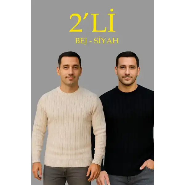 Erkek Fitilli Triko Kazak 2’li Set Bej Beyaz Kalın Dokuma Pamuklu Regular Fit Bisiklet