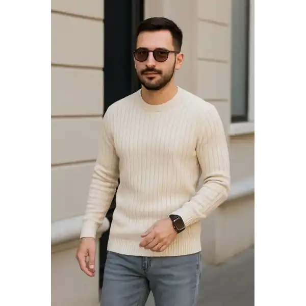 Erkek Fitilli Triko Kazak 2’li Set Bej Beyaz Kalın Dokuma Pamuklu Regular Fit Bisiklet