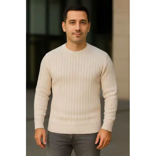 Erkek Fitilli Triko Kazak 2’li Set Bej Beyaz Kalın Dokuma Pamuklu Regular Fit Bisiklet