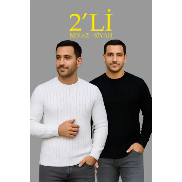 Erkek Fitilli Triko Kazak 2’li Set Siyah Beyaz Kalın Dokuma Pamuklu Regular Fit Bisiklet