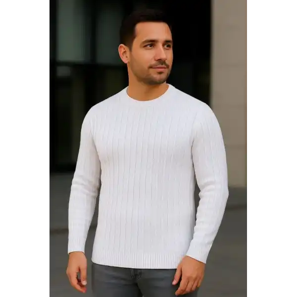 Erkek Fitilli Triko Kazak 2’li Set Siyah Beyaz Kalın Dokuma Pamuklu Regular Fit Bisiklet