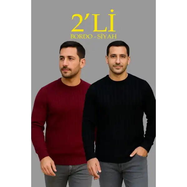 Erkek Fitilli Triko Kazak 2’li Set Siyah Bordo Kalın Dokuma Pamuklu Regular Fit Bisiklet