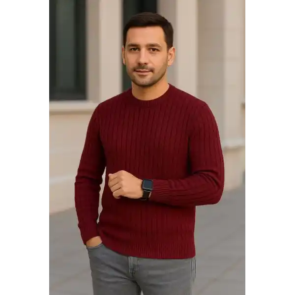 Erkek Fitilli Triko Kazak 2’li Set Siyah Bordo Kalın Dokuma Pamuklu Regular Fit Bisiklet