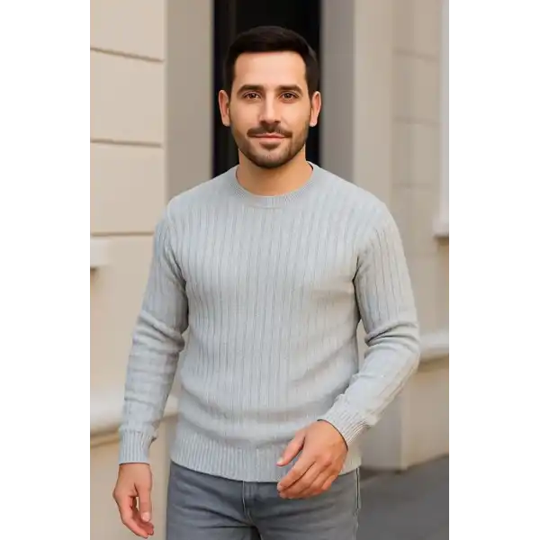 Erkek Fitilli Triko Kazak 2’li Set Siyah Gri Kalın Dokuma Pamuklu Regular Fit Bisiklet