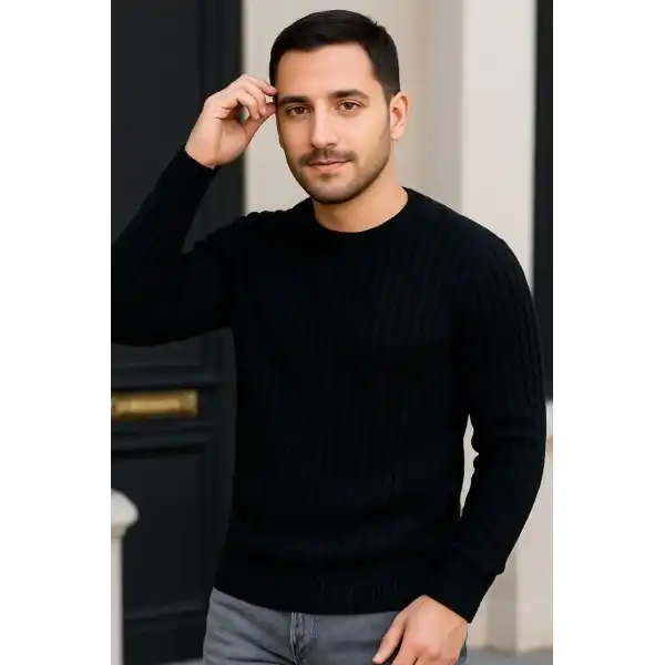 Erkek Fitilli Triko Kazak 3’lü Set Bej Beyaz Siyah | Kalın Dokuma Pamuklu Regular Fit