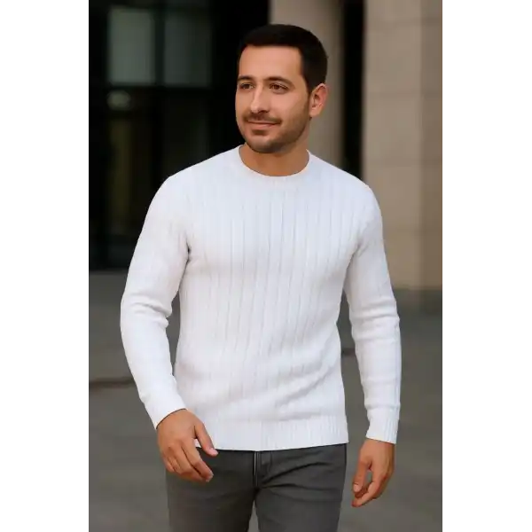 Erkek Fitilli Triko Kazak 3’lü Set Bej Beyaz Siyah | Kalın Dokuma Pamuklu Regular Fit