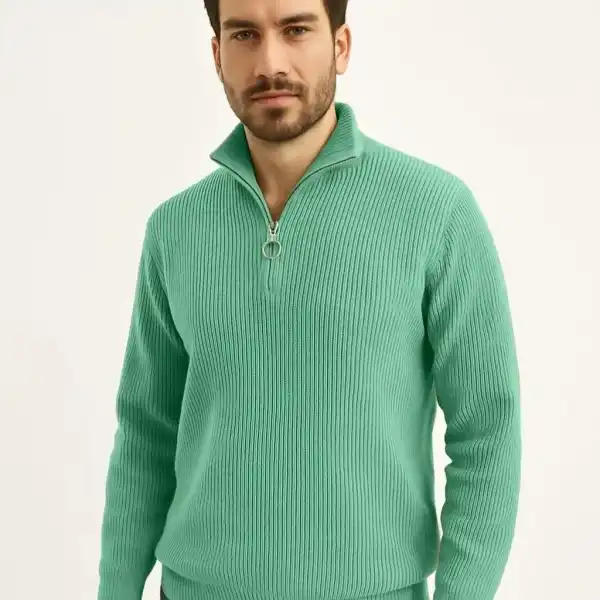 Erkek Fitilli Triko Kazak 3’lü Set Mint Yeşili Siyah Bej Kalın Dokuma Pamuklu Regular Fit