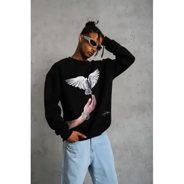 Erkek Güvercin Baskılı 3 iplik Bisiklet Yaka ipamuklu Sweatshirt - Siyah