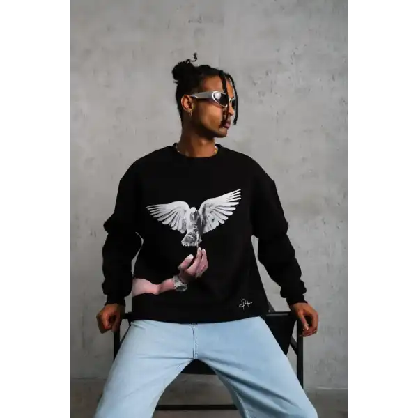 Erkek Güvercin Baskılı 3 iplik Bisiklet Yaka ipamuklu Sweatshirt - Siyah