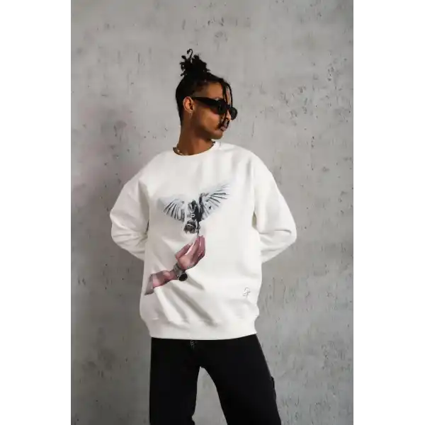 Erkek Güvercin Baskılı 3 iplik pamuklu Bisiklet Yaka Sweatshirt - Beyaz