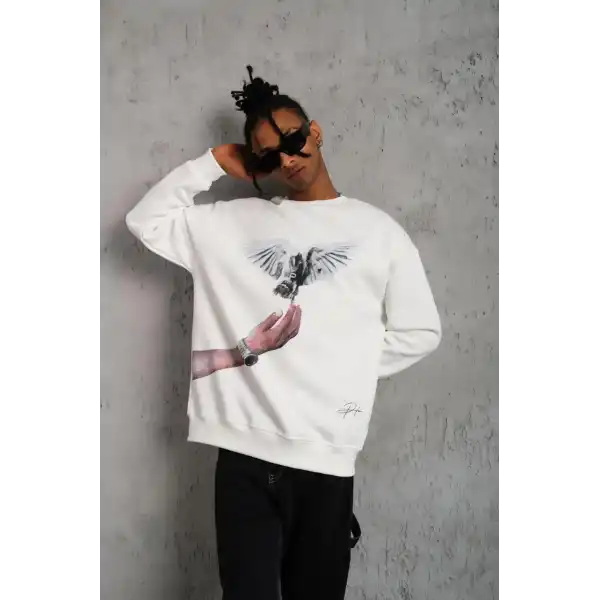 Erkek Güvercin Baskılı 3 iplik pamuklu Bisiklet Yaka Sweatshirt - Beyaz