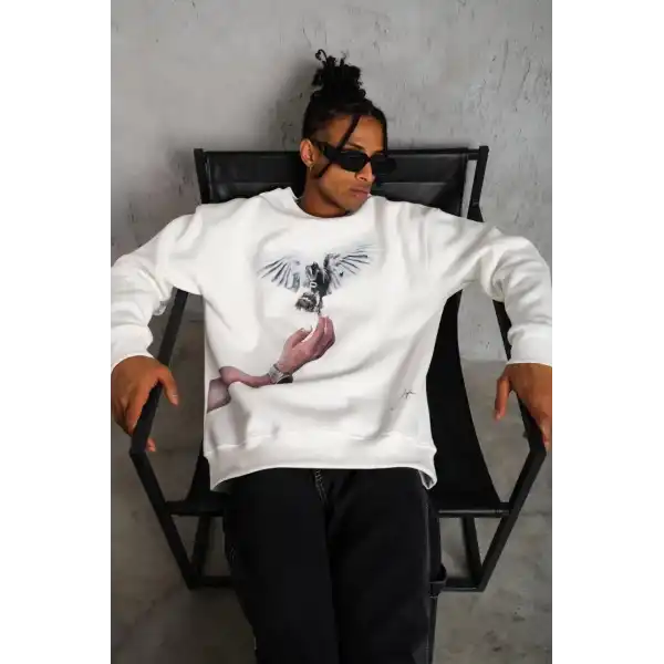Erkek Güvercin Baskılı 3 iplik pamuklu Bisiklet Yaka Sweatshirt - Beyaz