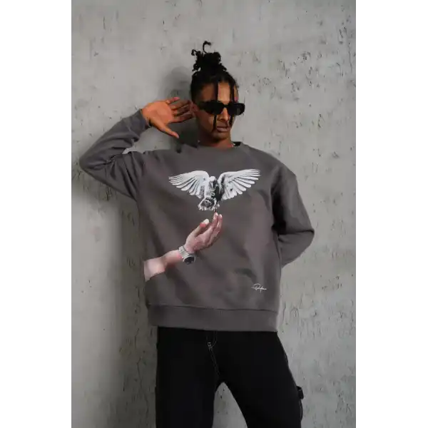 Erkek Güvercin Baskılı 3 iplik pamuklu Bisiklet Yaka Sweatshirt - Gri