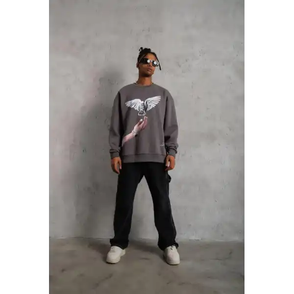 Erkek Güvercin Baskılı 3 iplik pamuklu Bisiklet Yaka Sweatshirt - Gri