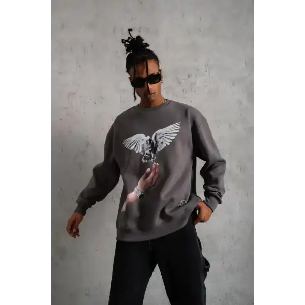 Erkek Güvercin Baskılı 3 iplik pamuklu Bisiklet Yaka Sweatshirt - Gri