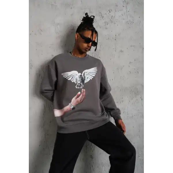Erkek Güvercin Baskılı 3 iplik pamuklu Bisiklet Yaka Sweatshirt - Gri