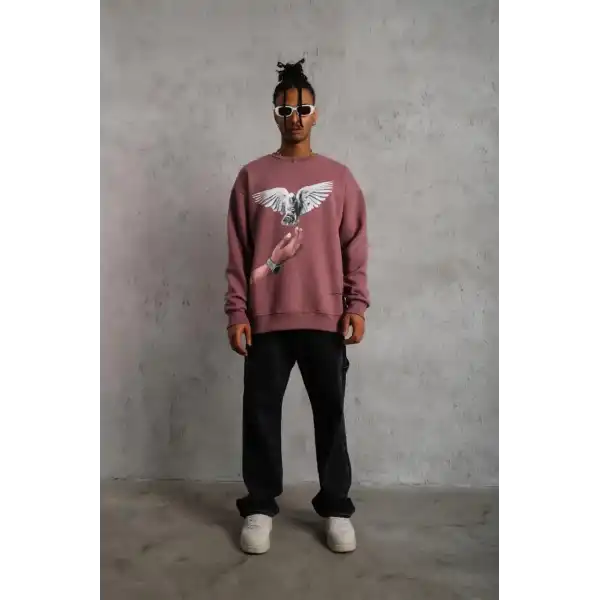 Erkek Güvercin Baskılı Bisiklet Yaka Sweatshirt 3 iplik pamuklu - Gül Kurusu