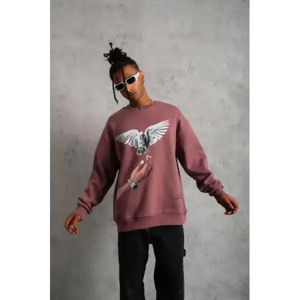 Erkek Güvercin Baskılı Bisiklet Yaka Sweatshirt 3 iplik pamuklu - Gül Kurusu