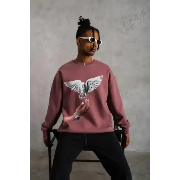 Erkek Güvercin Baskılı Bisiklet Yaka Sweatshirt 3 iplik pamuklu - Gül Kurusu