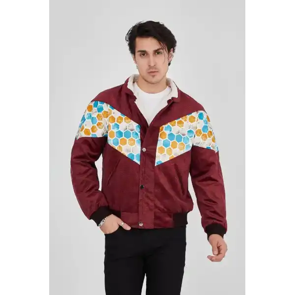 Erkek İçi Astarlı İçten Yaka Kısmı Peluşlu Beyaz Şeritli Vintage Ceket - Mürdüm