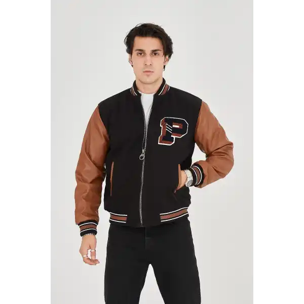 Erkek İçten Elyaf ve Astarlı Kolları Suni Deri Ceket - Kahverengi