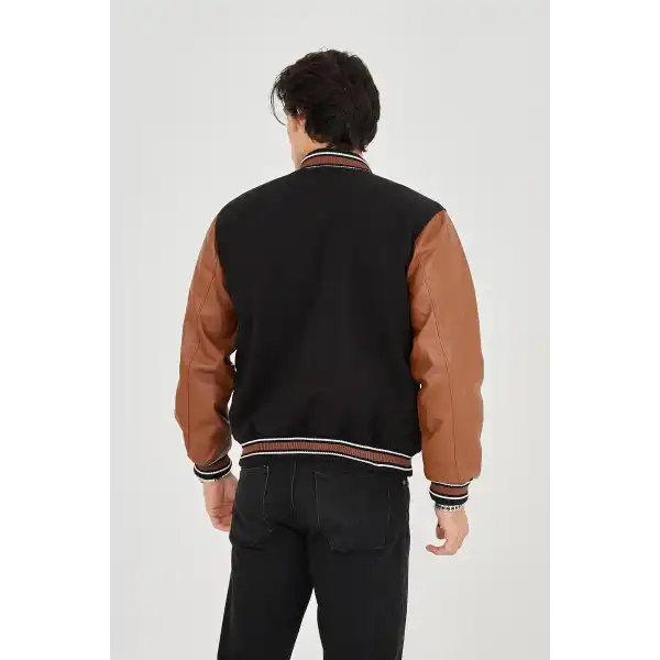 Erkek İçten Elyaf ve Astarlı Kolları Suni Deri Ceket - Kahverengi