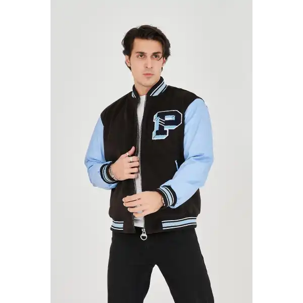 Erkek İçten Elyaf ve Astarlı Kolları Suni Deri Ceket - Mavi