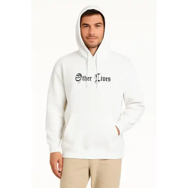 Erkek Kapşonlu Sweatshirt – Oversize Üç İplik Şardonlu Hoodie, “Other Lives” Ön & Arka Baskılı, Kanguru Cepli, Kışlık Rahat Günlük Stil - Beyaz