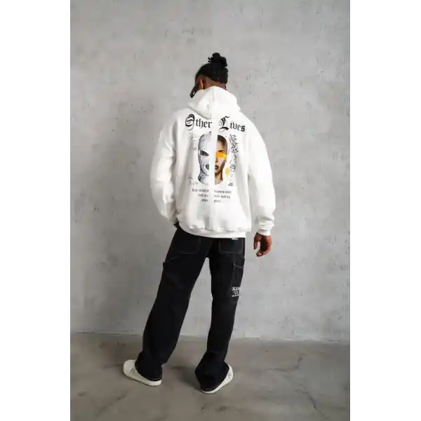 Erkek Kapşonlu Sweatshirt – Oversize Üç İplik Şardonlu Hoodie, “Other Lives” Ön & Arka Baskılı, Kanguru Cepli, Kışlık Rahat Günlük Stil - Beyaz