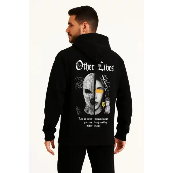 Erkek Kapşonlu Sweatshirt – Oversize Üç İplik Şardonlu Hoodie, “Other Lives” Ön & Arka Baskılı, Kanguru Cepli, Kışlık Rahat Günlük Stil - Siyah