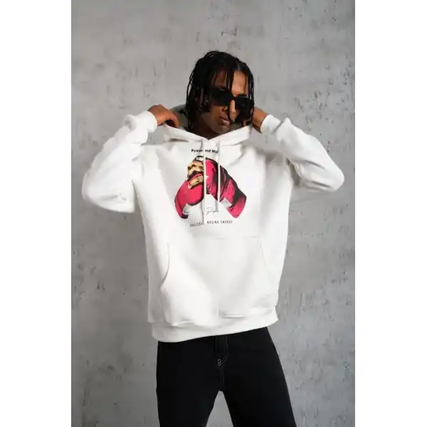 Erkek Kapüşonlu Cepli Boks Eldiven Baskılı 3 İplik Sweatshirt Hoodie - Beyaz