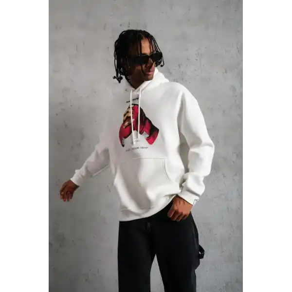 Erkek Kapüşonlu Cepli Boks Eldiven Baskılı 3 İplik Sweatshirt Hoodie - Beyaz