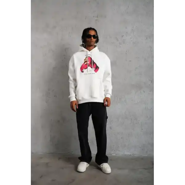 Erkek Kapüşonlu Cepli Boks Eldiven Baskılı 3 İplik Sweatshirt Hoodie - Beyaz