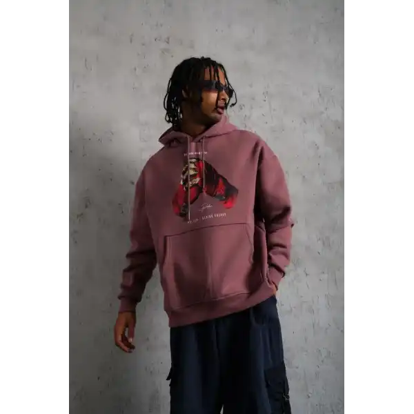 Erkek Kapüşonlu Cepli Box Eldiven Baskılı 3 İplik Sweatshirt Hoodie - Gül Kurusu