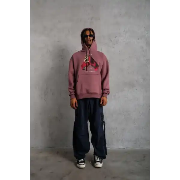 Erkek Kapüşonlu Cepli Box Eldiven Baskılı 3 İplik Sweatshirt Hoodie - Gül Kurusu