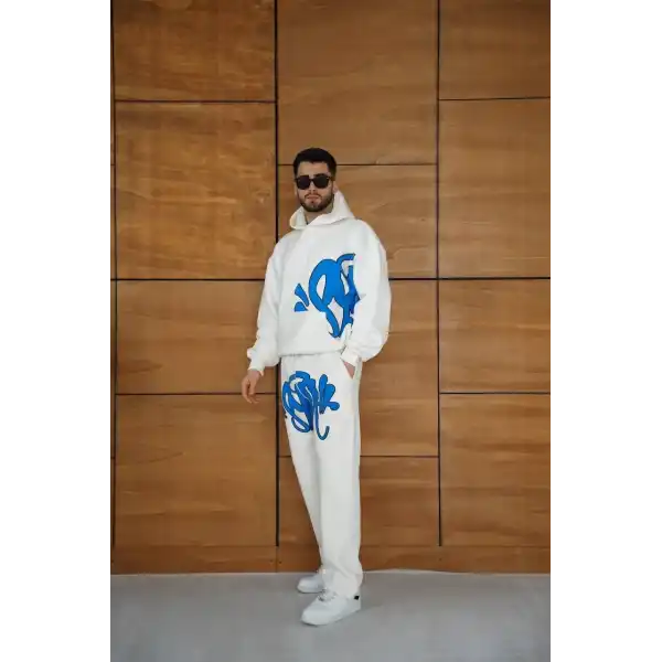 Erkek Kapüşonlu Eşofman Takım Graffiti Baskılı  Oversize Rahat Kalıp, Kanguru Cepli, Streetwear Tarzında Premium Ürün 3 iplik Pamuklu - Beyaz