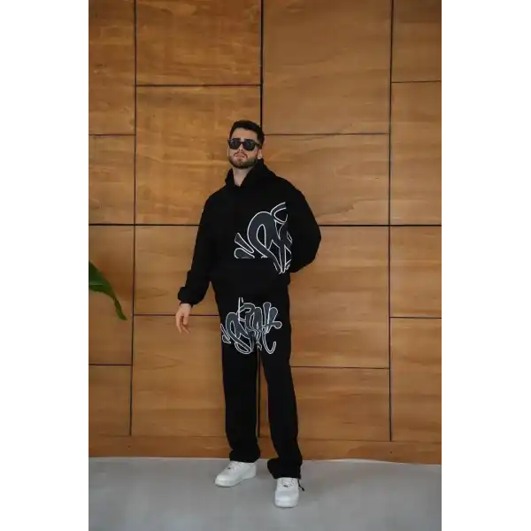 Erkek Kapüşonlu Eşofman Takım Graffiti Baskılı Oversize Rahat Kalıp, Kanguru Cepli, Streetwear Tarzında Premium Ürün 3 iplik Pamuklu - Siyah