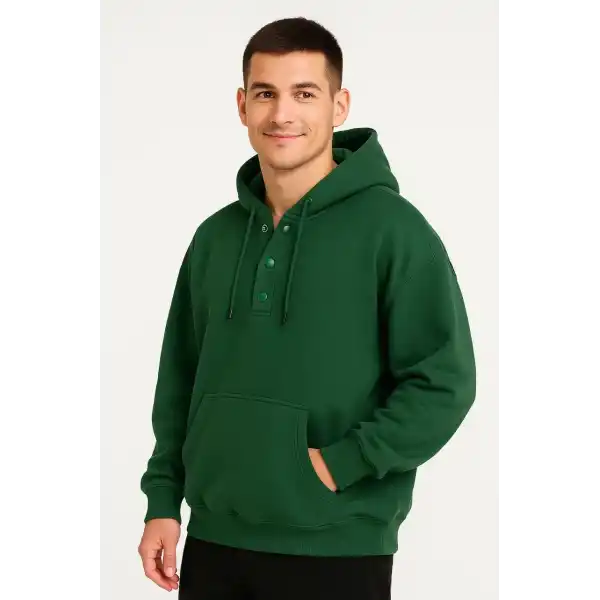Erkek Kapüşonlu Hoodie Cepli Çıtçıtlı 3 İplik Pamuklu Sweatshirt - Haki