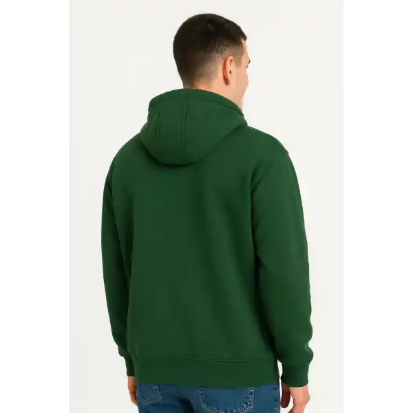 Erkek Kapüşonlu Hoodie Cepli Çıtçıtlı 3 İplik Pamuklu Sweatshirt - Haki