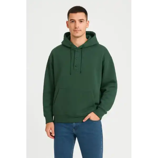 Erkek Kapüşonlu Hoodie Cepli Çıtçıtlı 3 İplik Pamuklu Sweatshirt - Haki