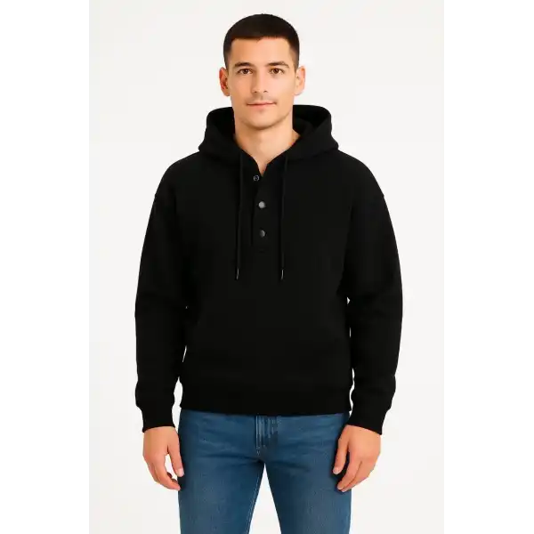 Erkek Kapüşonlu Hoodie Cepli Çıtçıtlı 3 İplik Pamuklu Sweatshirt - Siyah
