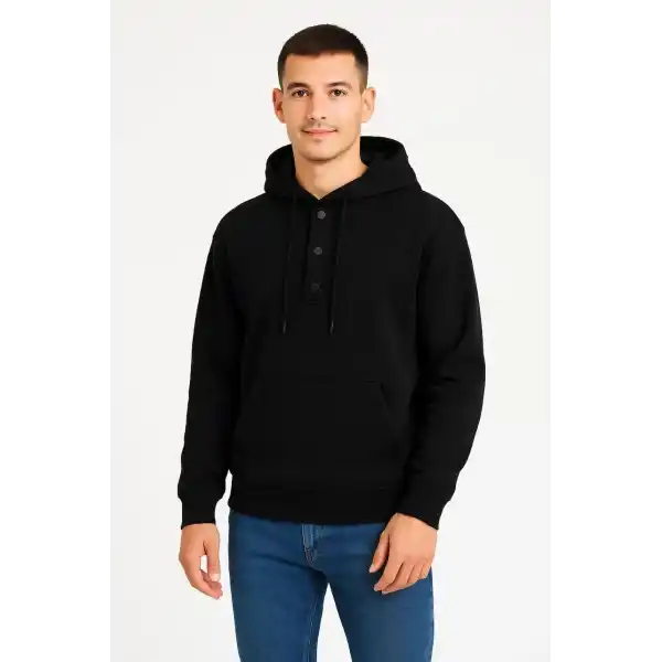 Erkek Kapüşonlu Hoodie Cepli Çıtçıtlı 3 İplik Pamuklu Sweatshirt - Siyah
