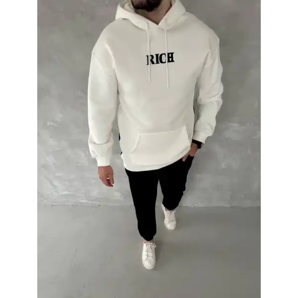 Erkek Kapüşonlu Kanguru Cepli Sweatshirt 3 İplik Pamuklu Baskılı Hoodie -  Beyaz